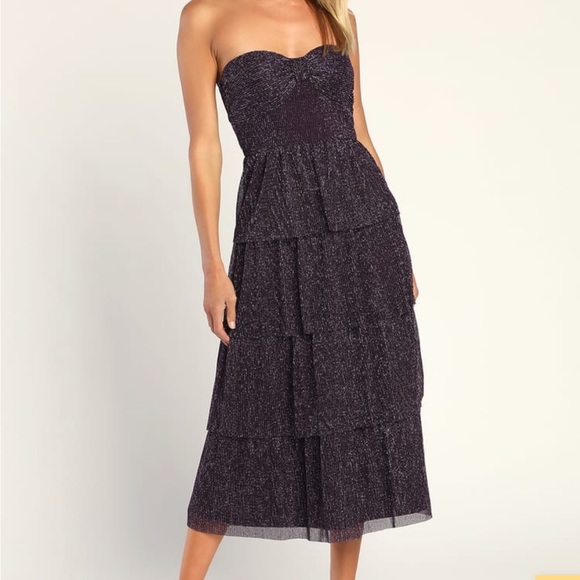 Lulus Dresses & Skirts - Tier to Dance Purple Shiny Lurex Tiered Strapless Midi Dress